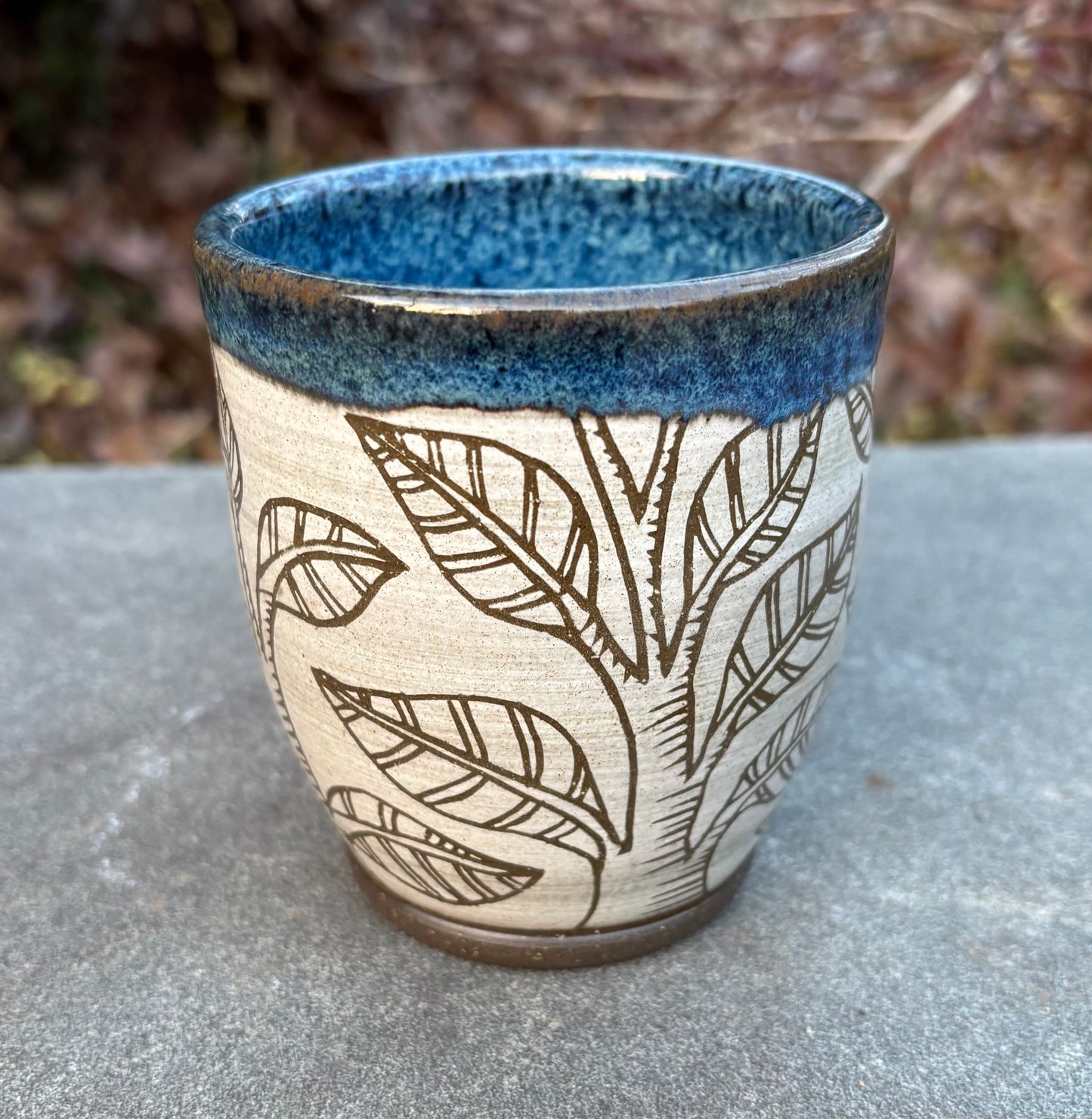 Blue Handleless Carved Tree Cup 12oz
