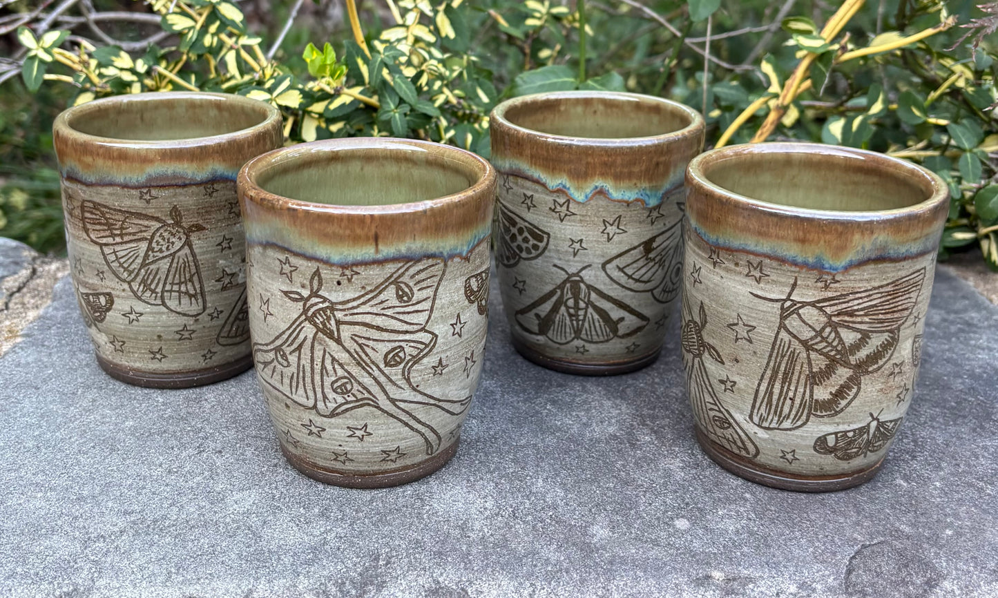 Green Handleless Carved Moth Cup 11 oz