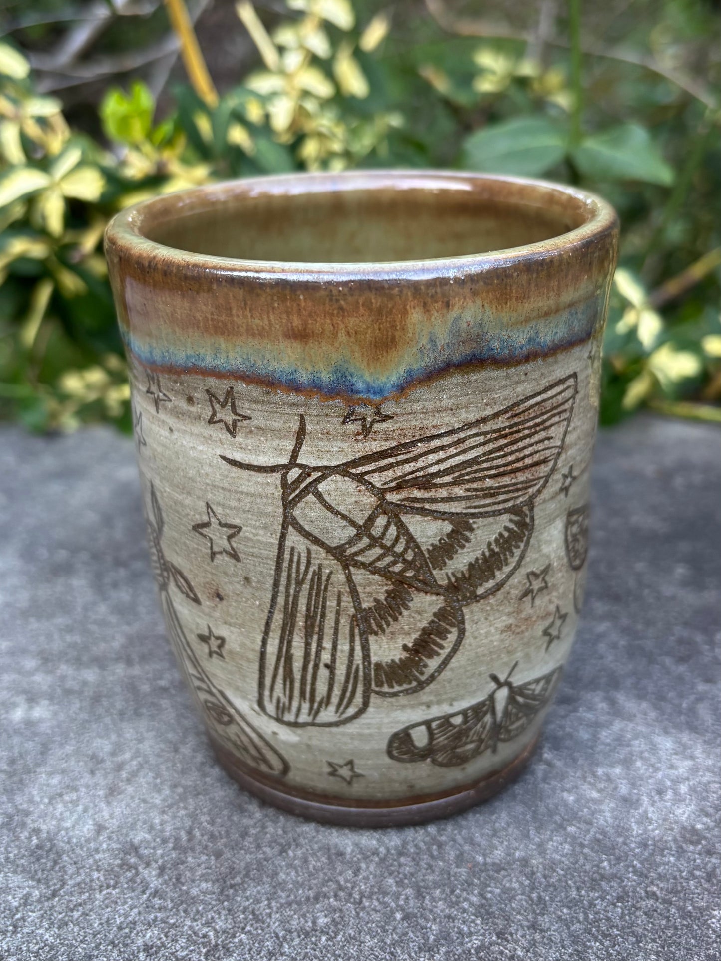 Green Handleless Carved Moth Cup 11 oz