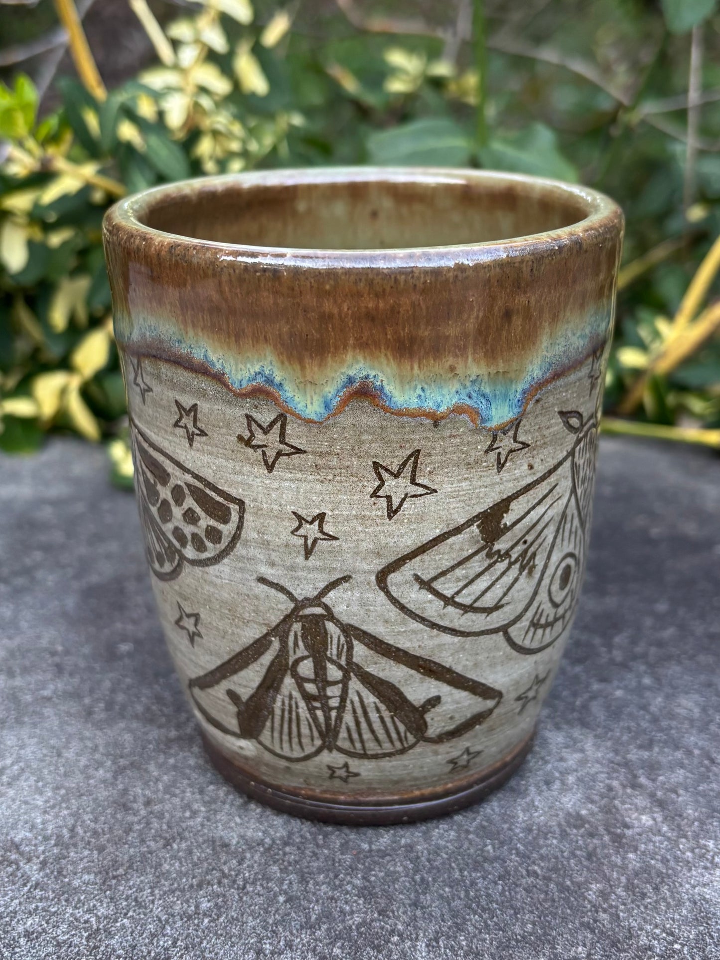 Green Handleless Carved Moth Cup 11 oz