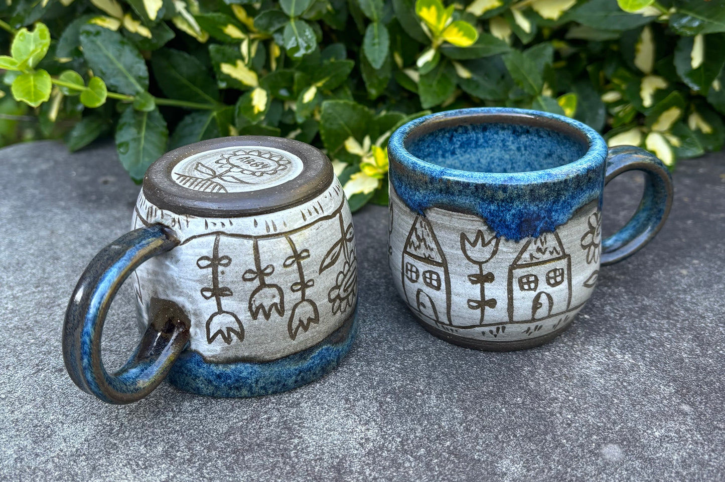 Small Blue Carved House Mug 4oz