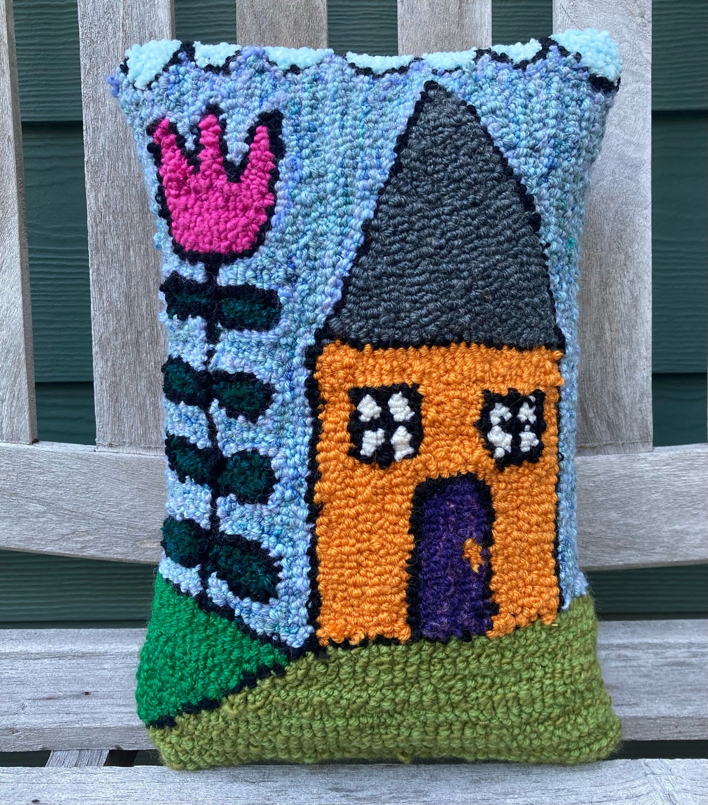 Tufted Yellow House with Pink Flower Pillow