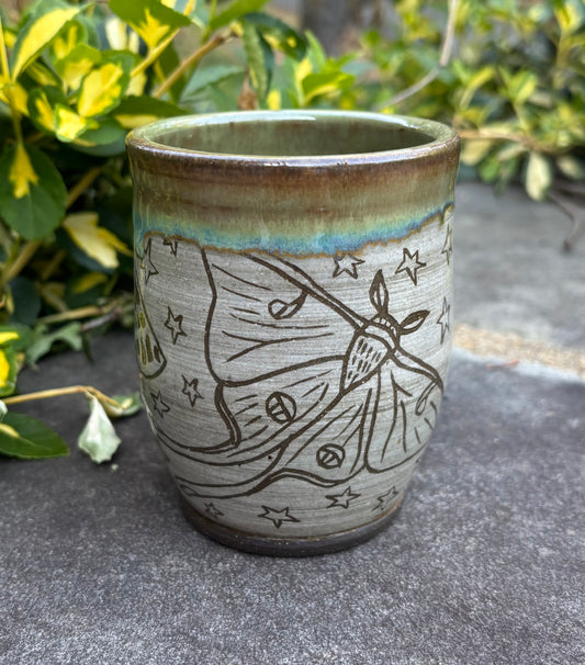 Handleless Green Carved Moth Cup 12oz