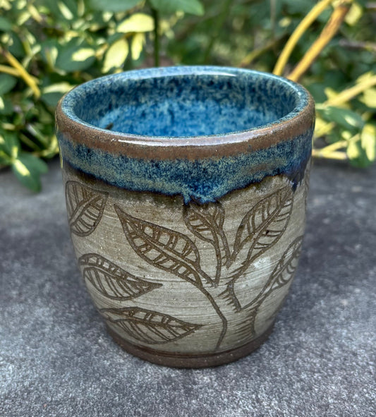 Blue Handleless Carved Tree Cup 8oz