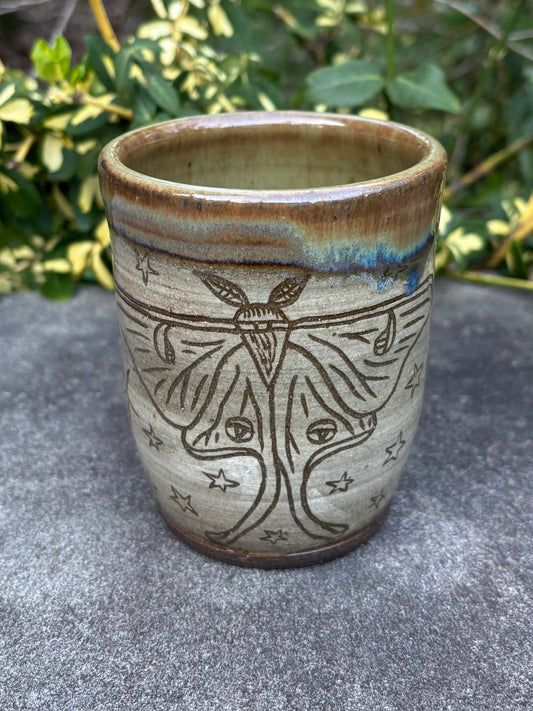 Green Handleless Carved Moth Cup 11 oz