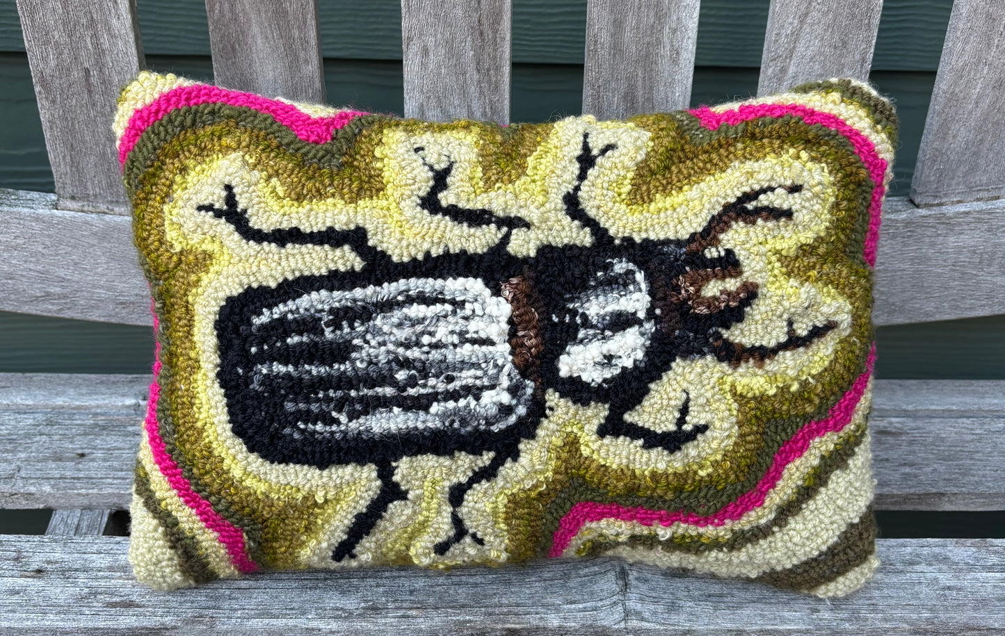 Tufted Green and Pink Bess Beetle Pillow
