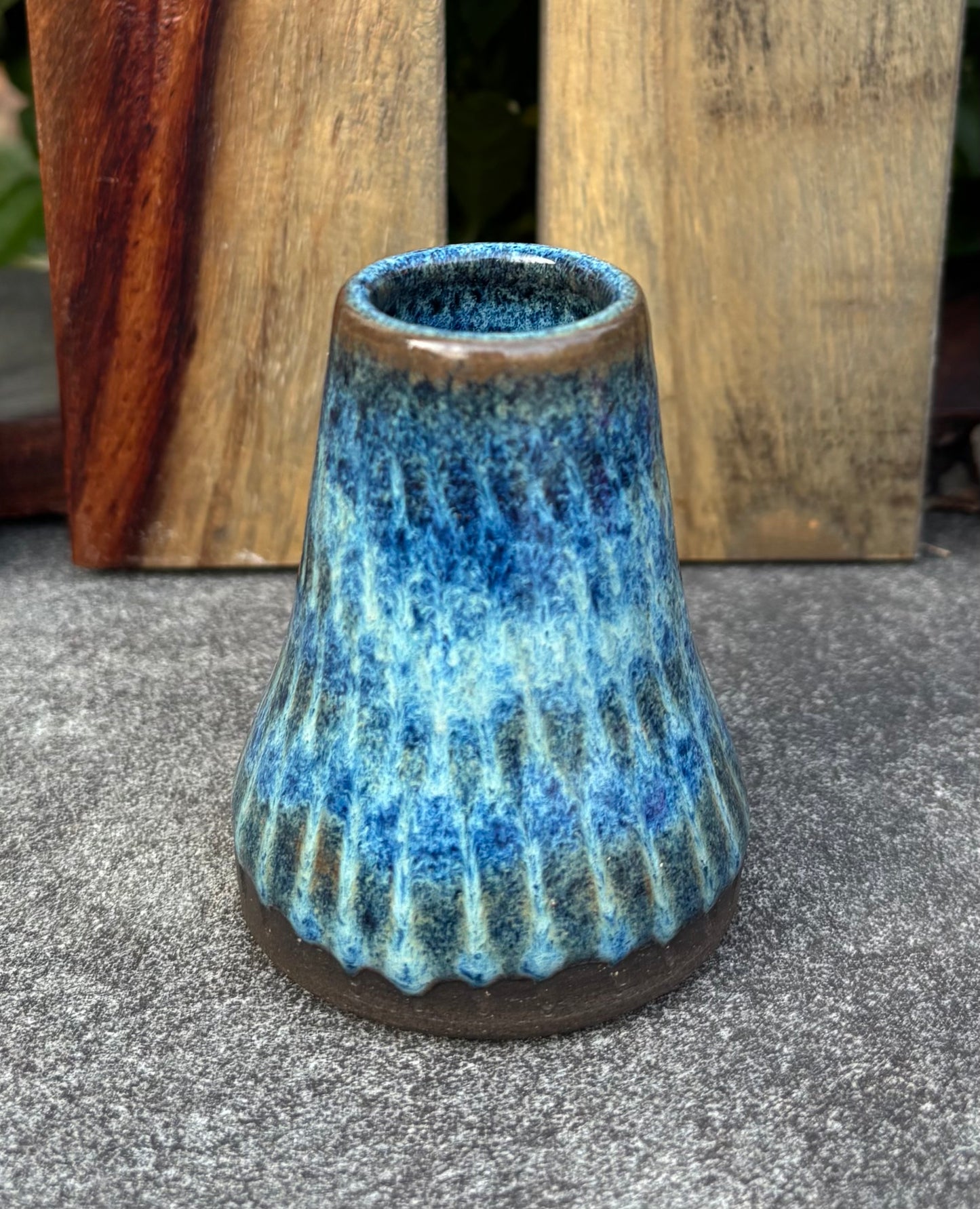 Tiny Carved Blue Bud Vase