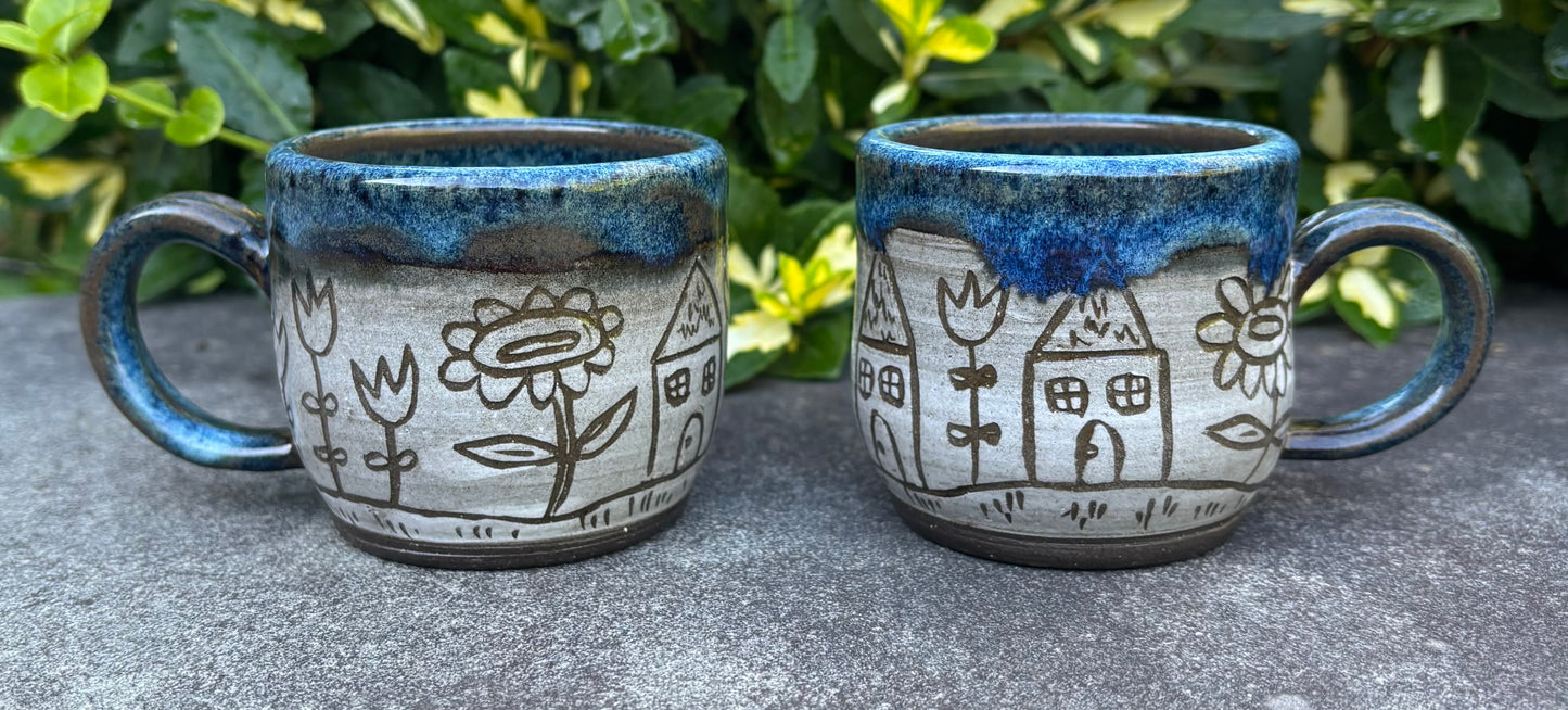 Small Blue Carved House Mug 4oz
