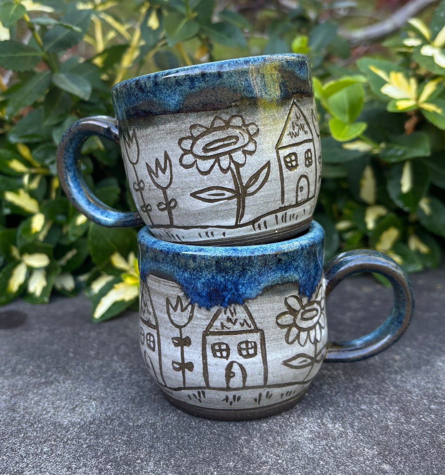 Small Blue Carved House Mug 4oz
