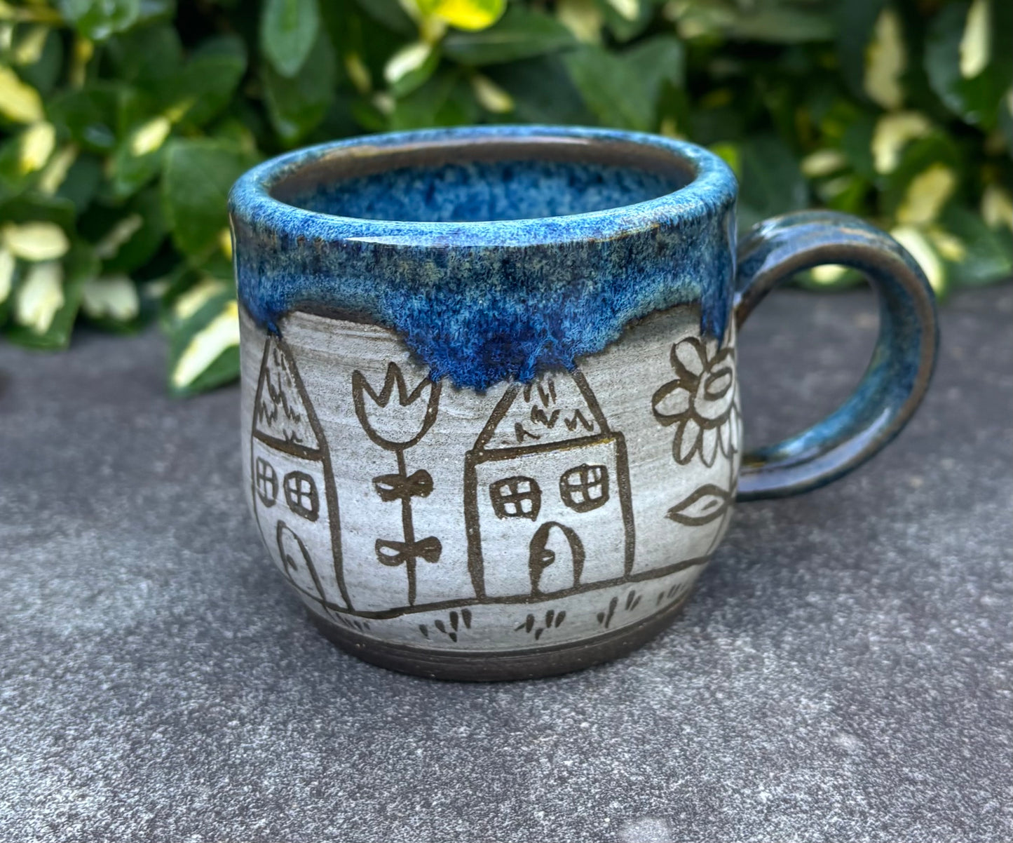 Small Blue Carved House Mug 4oz