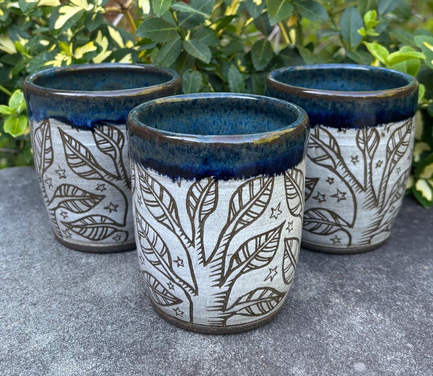 Carved Dark Blue Handleless Tree Mug 12oz
