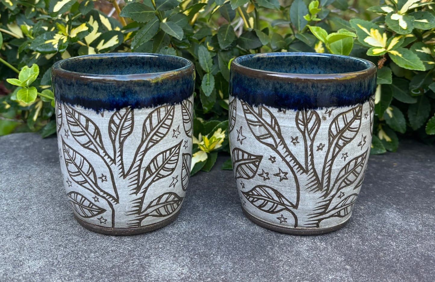Carved Dark Blue Handleless Tree Mug 12oz