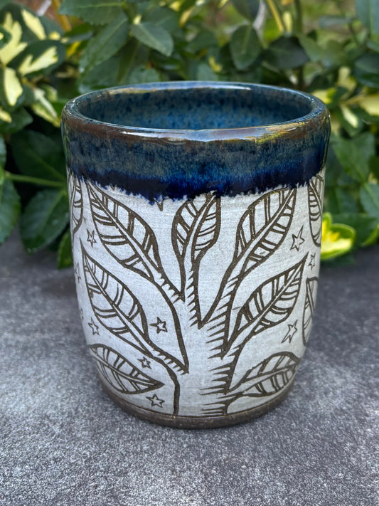 Carved Dark Blue Handleless Tree Mug 12oz