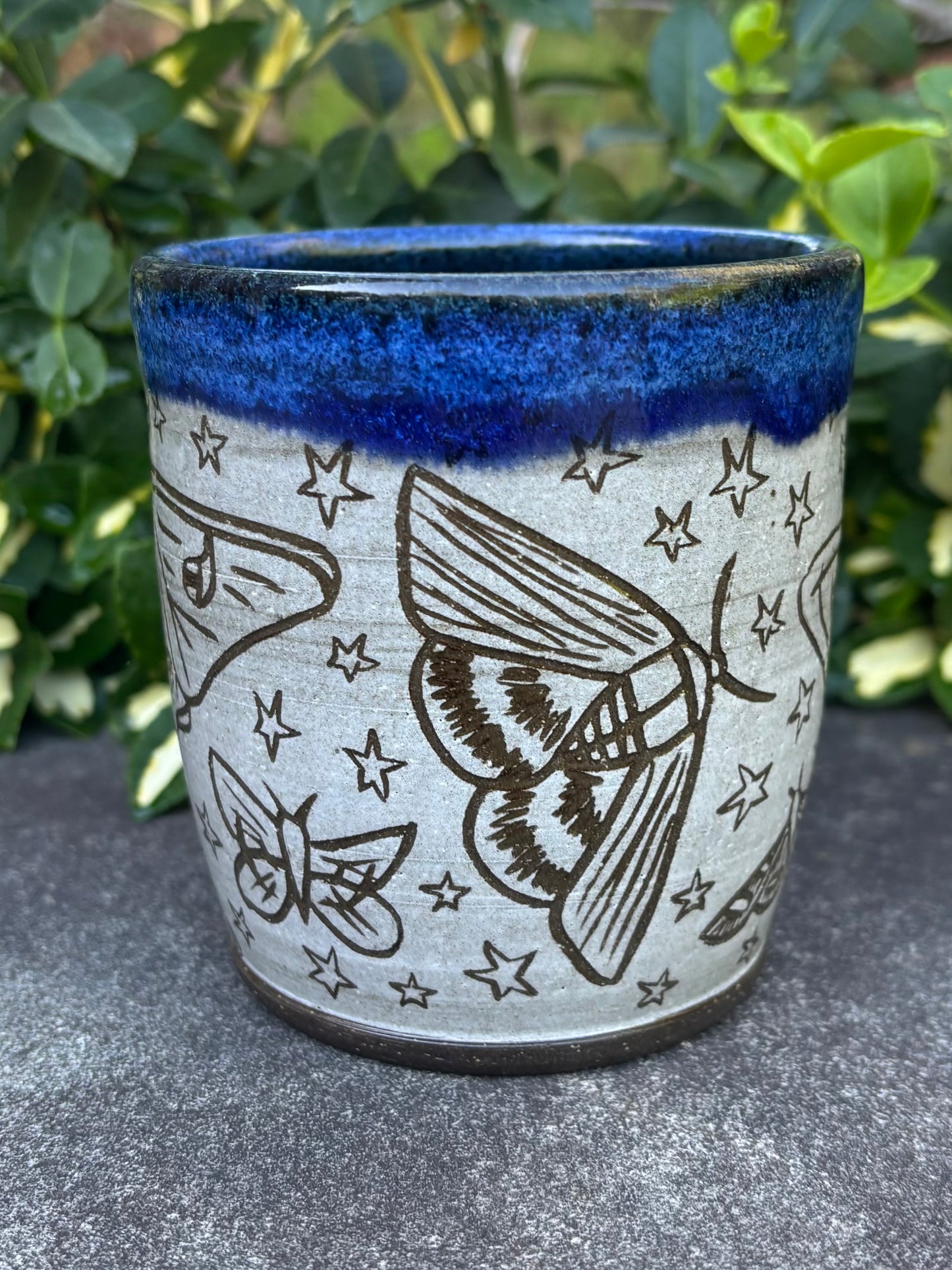 Carved Blue Handleless Moth Mug 12oz